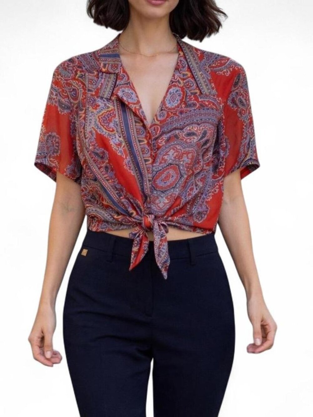 Red Paisley Tie-Front Blouse